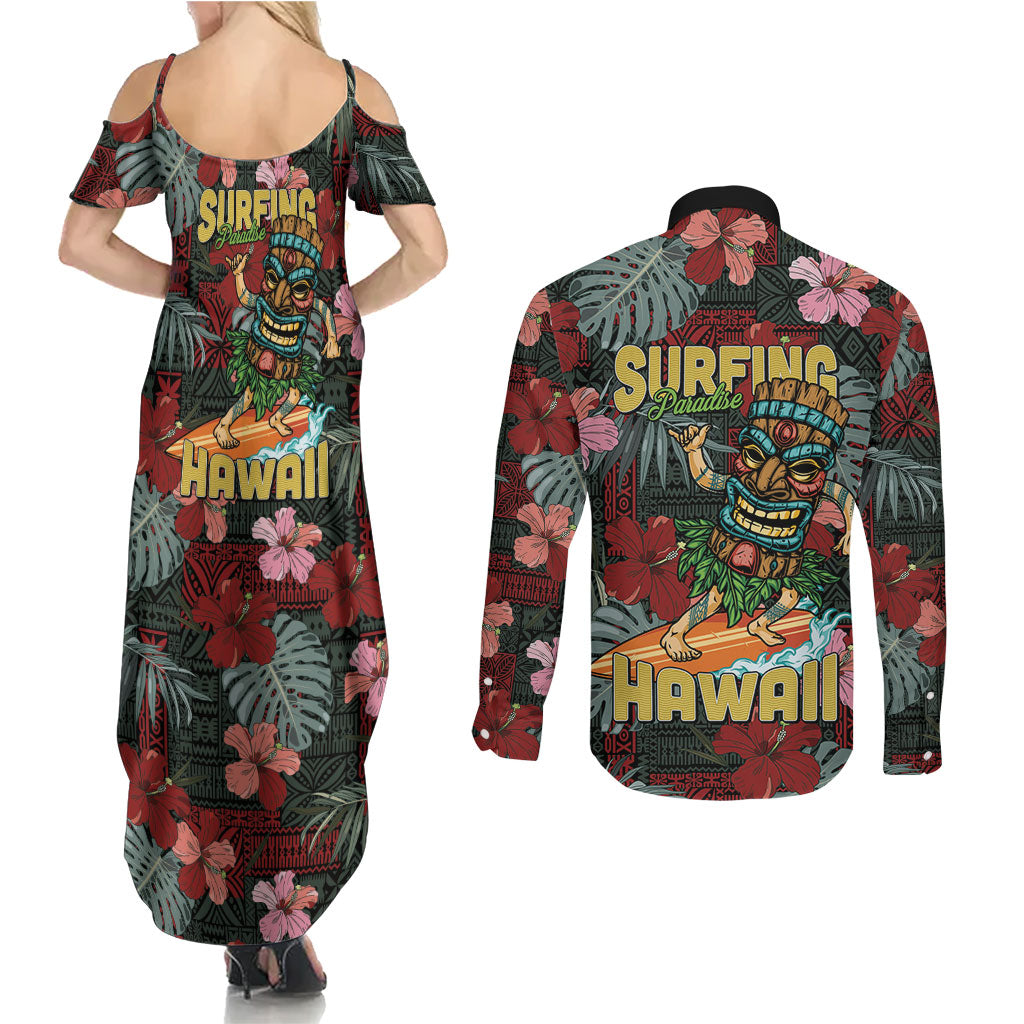 Hawaii Tiki Surfing Couples Matching Summer Maxi Dress and Long Sleeve Button Shirt Mele Kalikimaka i Iulai!