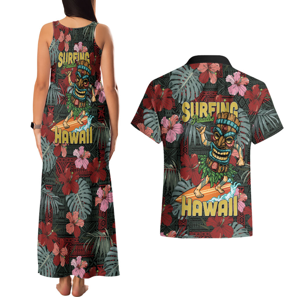 Hawaii Tiki Surfing Couples Matching Tank Maxi Dress and Hawaiian Shirt Mele Kalikimaka i Iulai!