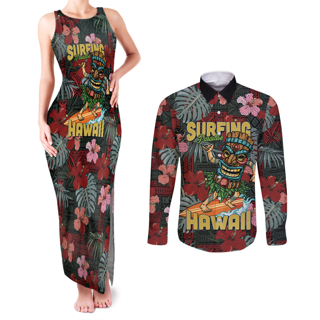Hawaii Tiki Surfing Couples Matching Tank Maxi Dress and Long Sleeve Button Shirt Mele Kalikimaka i Iulai! LT9 Black - Polynesian Pride