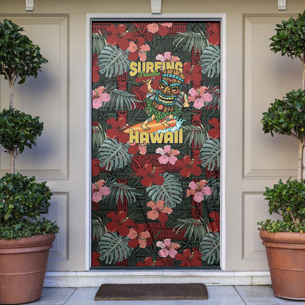Hawaii Tiki Surfing Door Cover Mele Kalikimaka i Iulai!