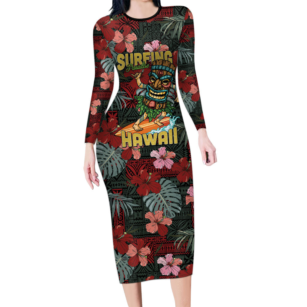 Hawaii Tiki Surfing Family Matching Long Sleeve Bodycon Dress and Hawaiian Shirt Mele Kalikimaka i Iulai!