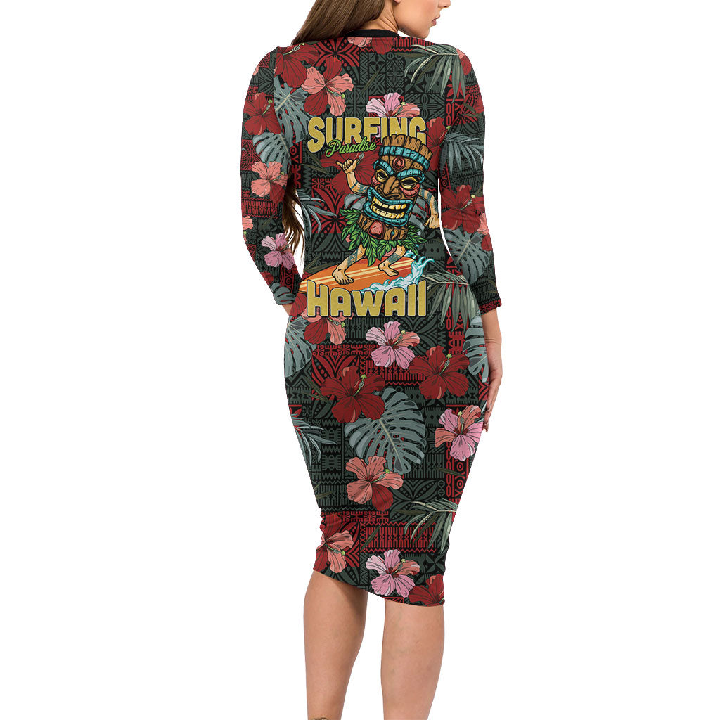 Hawaii Tiki Surfing Family Matching Long Sleeve Bodycon Dress and Hawaiian Shirt Mele Kalikimaka i Iulai!