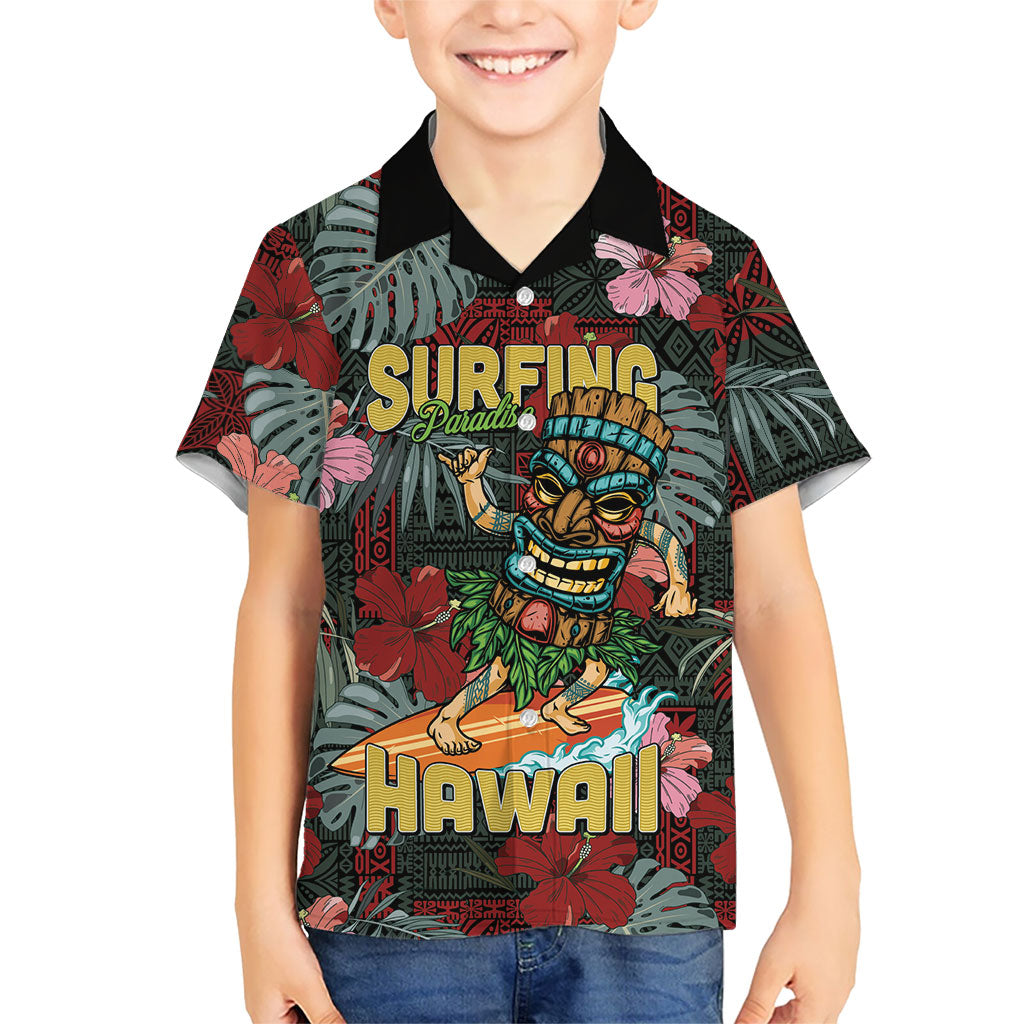 Hawaii Tiki Surfing Family Matching Long Sleeve Bodycon Dress and Hawaiian Shirt Mele Kalikimaka i Iulai!