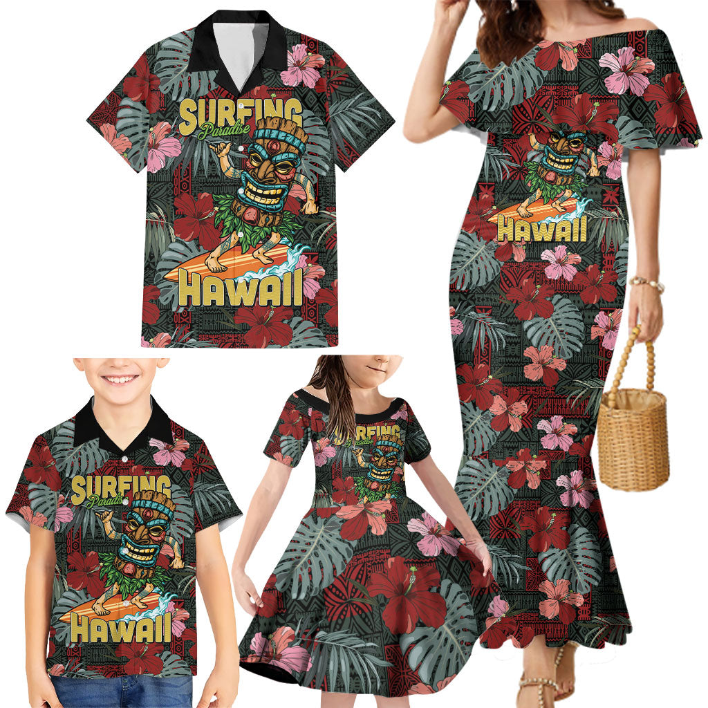 Hawaii Tiki Surfing Family Matching Mermaid Dress and Hawaiian Shirt Mele Kalikimaka i Iulai!