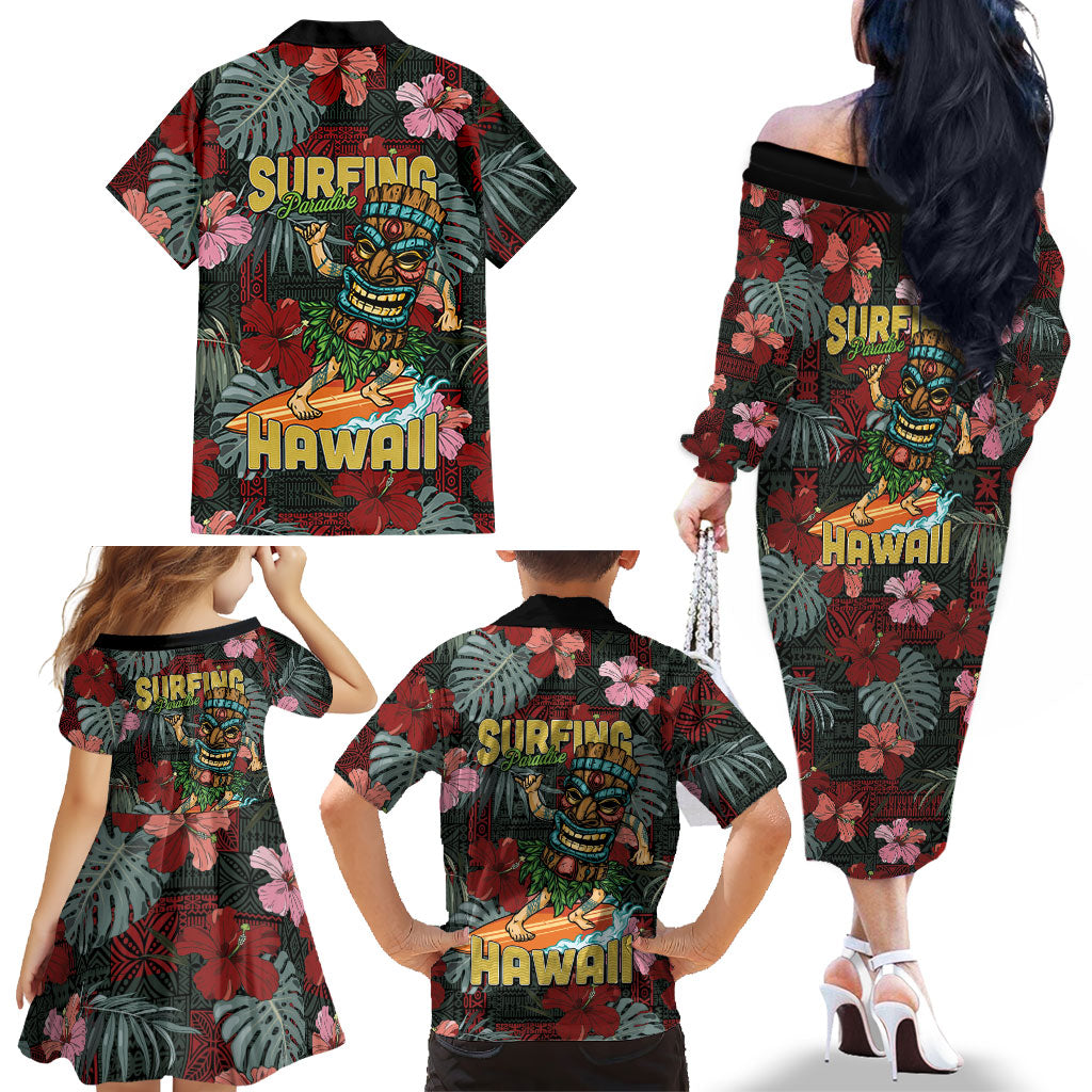 Hawaii Tiki Surfing Family Matching Off The Shoulder Long Sleeve Dress and Hawaiian Shirt Mele Kalikimaka i Iulai!