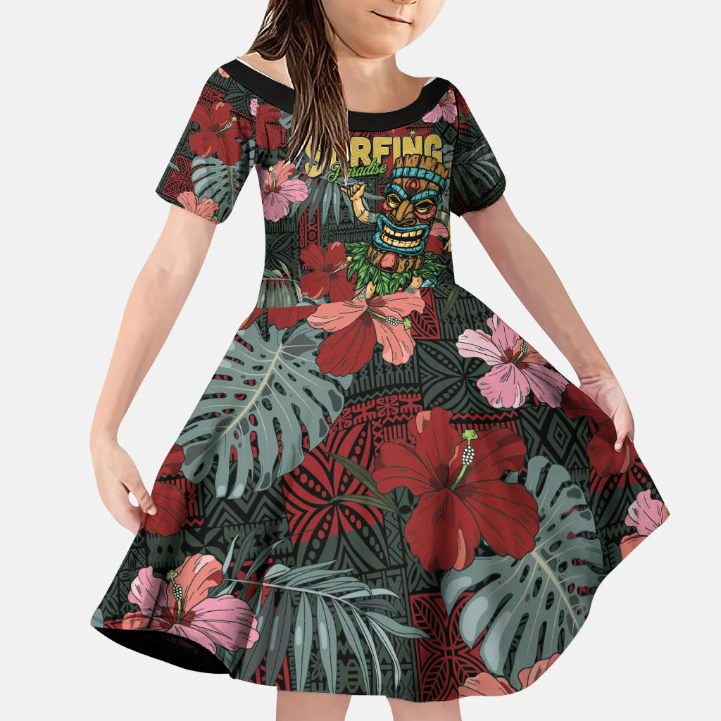 Hawaii Tiki Surfing Family Matching Off Shoulder Short Dress and Hawaiian Shirt Mele Kalikimaka i Iulai!