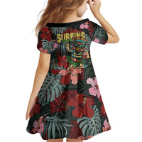 Hawaii Tiki Surfing Family Matching Off Shoulder Short Dress and Hawaiian Shirt Mele Kalikimaka i Iulai!