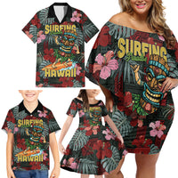 Hawaii Tiki Surfing Family Matching Off Shoulder Short Dress and Hawaiian Shirt Mele Kalikimaka i Iulai!