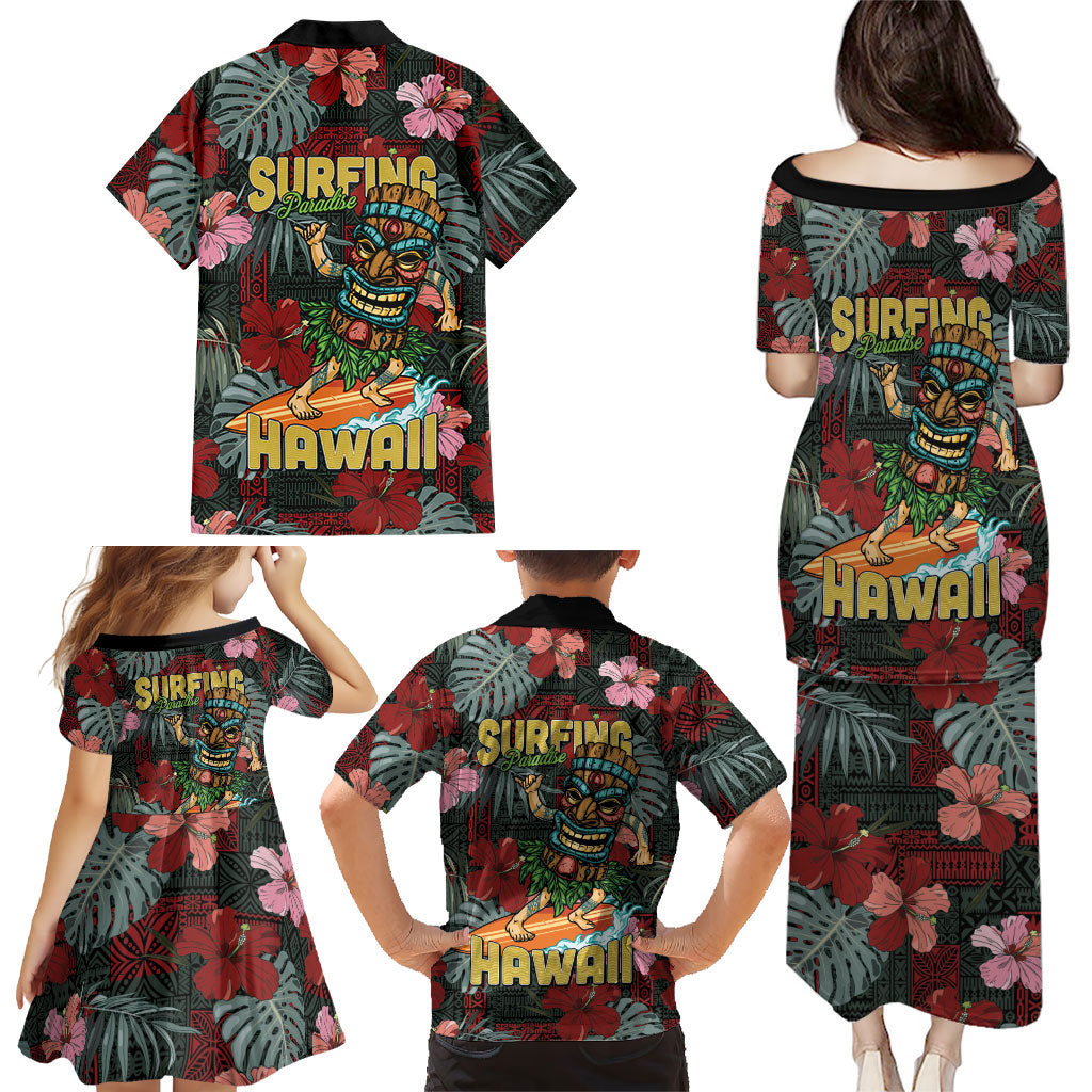 Hawaii Tiki Surfing Family Matching Puletasi and Hawaiian Shirt Mele Kalikimaka i Iulai!