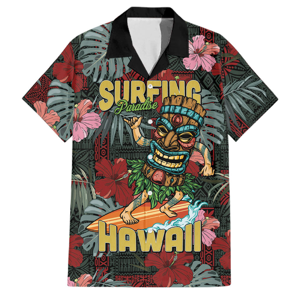 Hawaii Tiki Surfing Family Matching Short Sleeve Bodycon Dress and Hawaiian Shirt Mele Kalikimaka i Iulai!