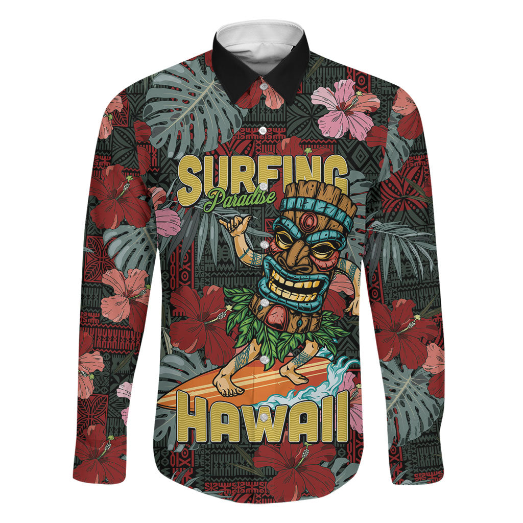 Hawaii Tiki Surfing Family Matching Short Sleeve Bodycon Dress and Hawaiian Shirt Mele Kalikimaka i Iulai!