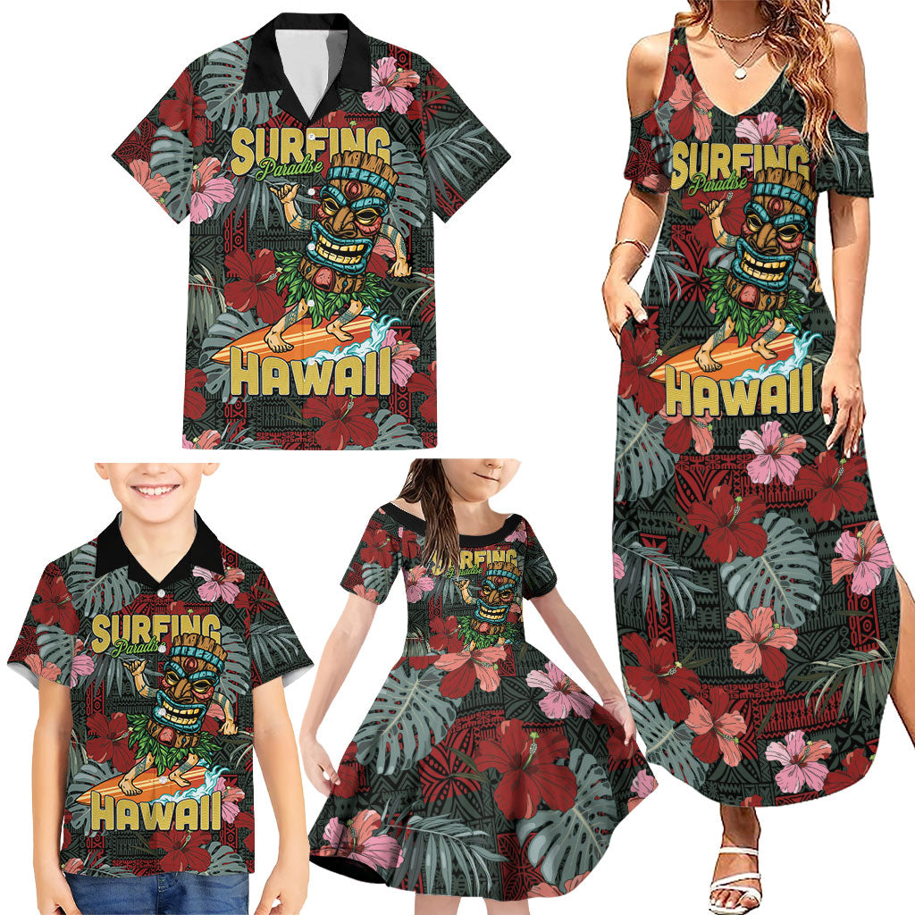 Hawaii Tiki Surfing Family Matching Summer Maxi Dress and Hawaiian Shirt Mele Kalikimaka i Iulai! LT9 - Polynesian Pride
