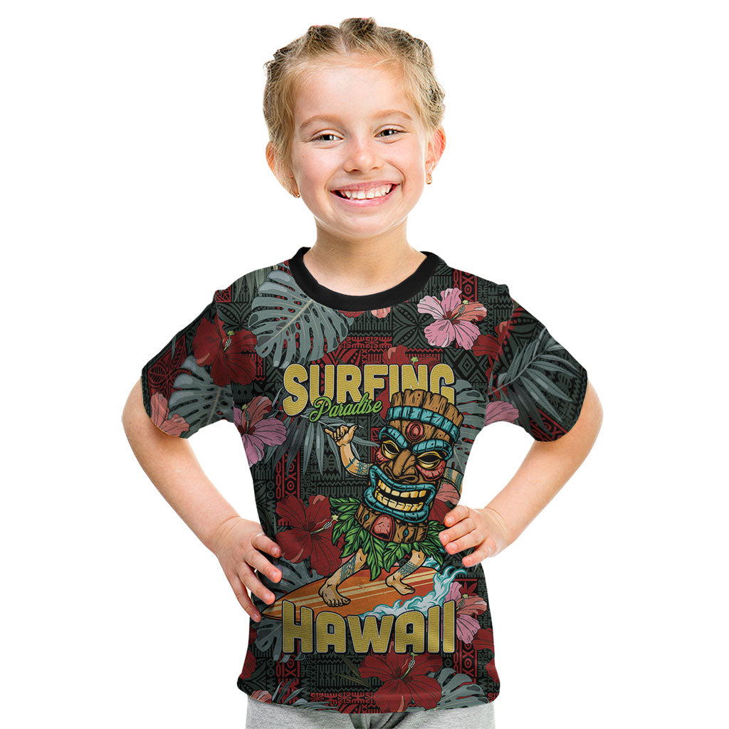 Hawaii Tiki Surfing Kid T Shirt Mele Kalikimaka i Iulai!