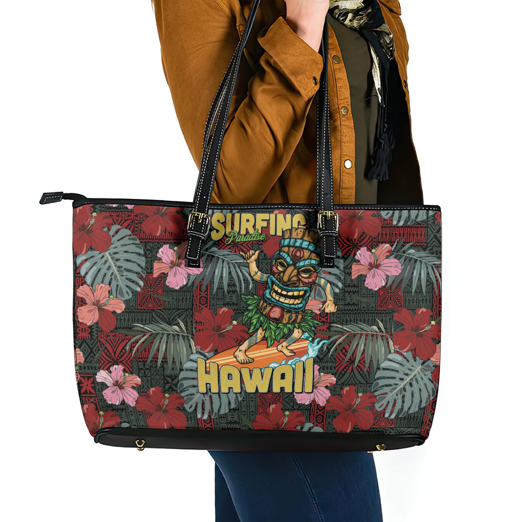 Hawaii Tiki Surfing Leather Tote Bag Mele Kalikimaka i Iulai!