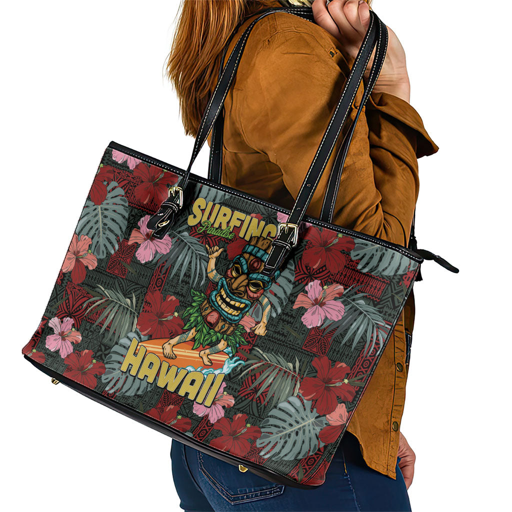 Hawaii Tiki Surfing Leather Tote Bag Mele Kalikimaka i Iulai!