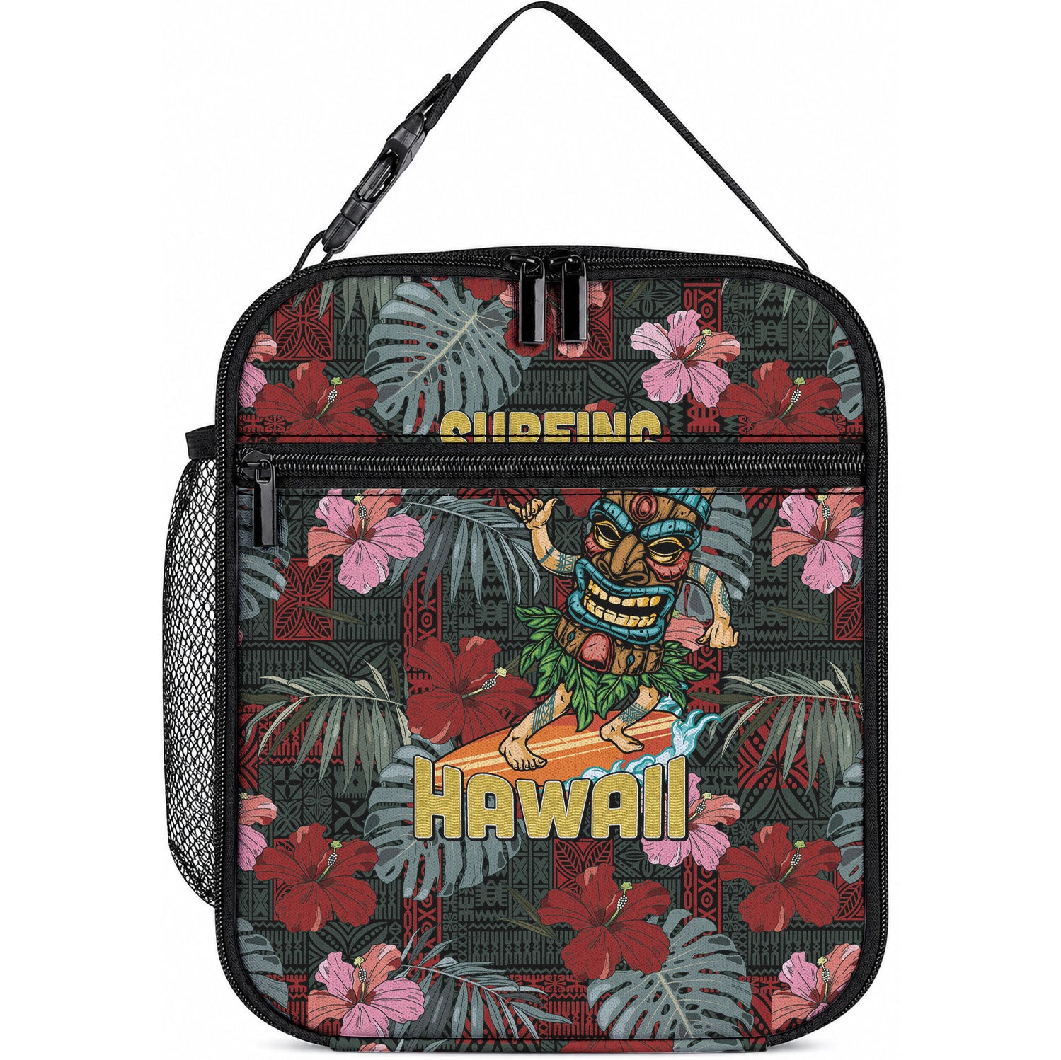 Hawaii Tiki Surfing Lunch Bag Mele Kalikimaka i Iulai! LT9 10.2 × 8.3 × 4.3 inch Black - Polynesian Pride