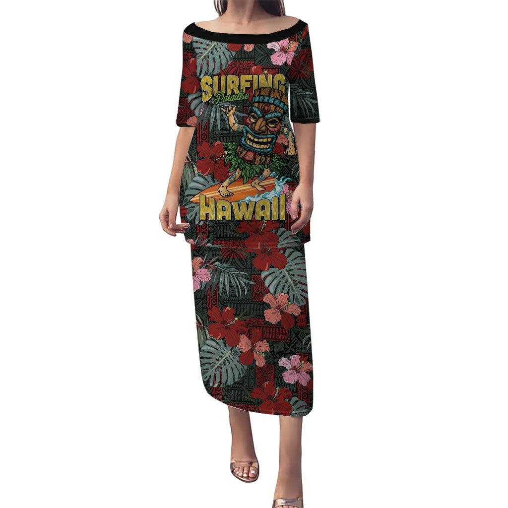 Hawaii Tiki Surfing Puletasi Mele Kalikimaka i Iulai! LT9 Long Dress Black - Polynesian Pride