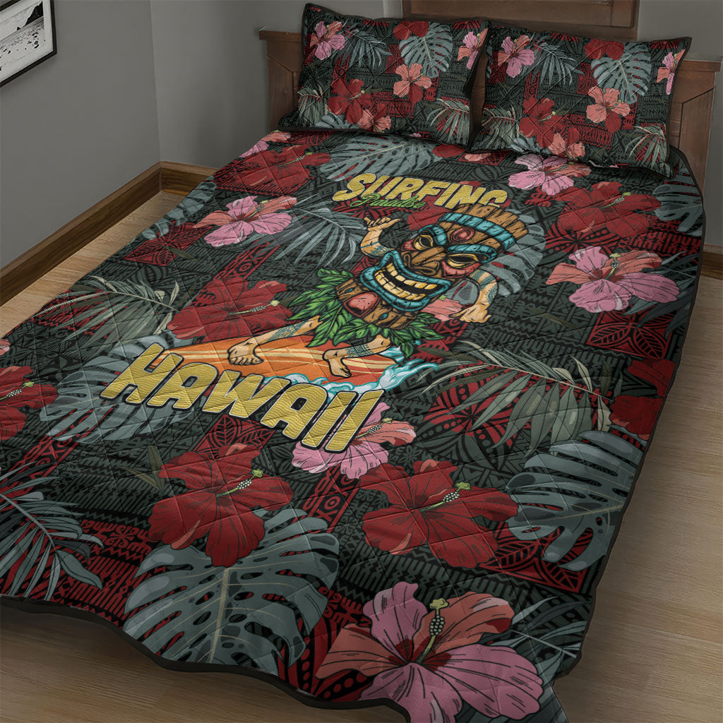 Hawaii Tiki Surfing Quilt Bed Set Mele Kalikimaka i Iulai!