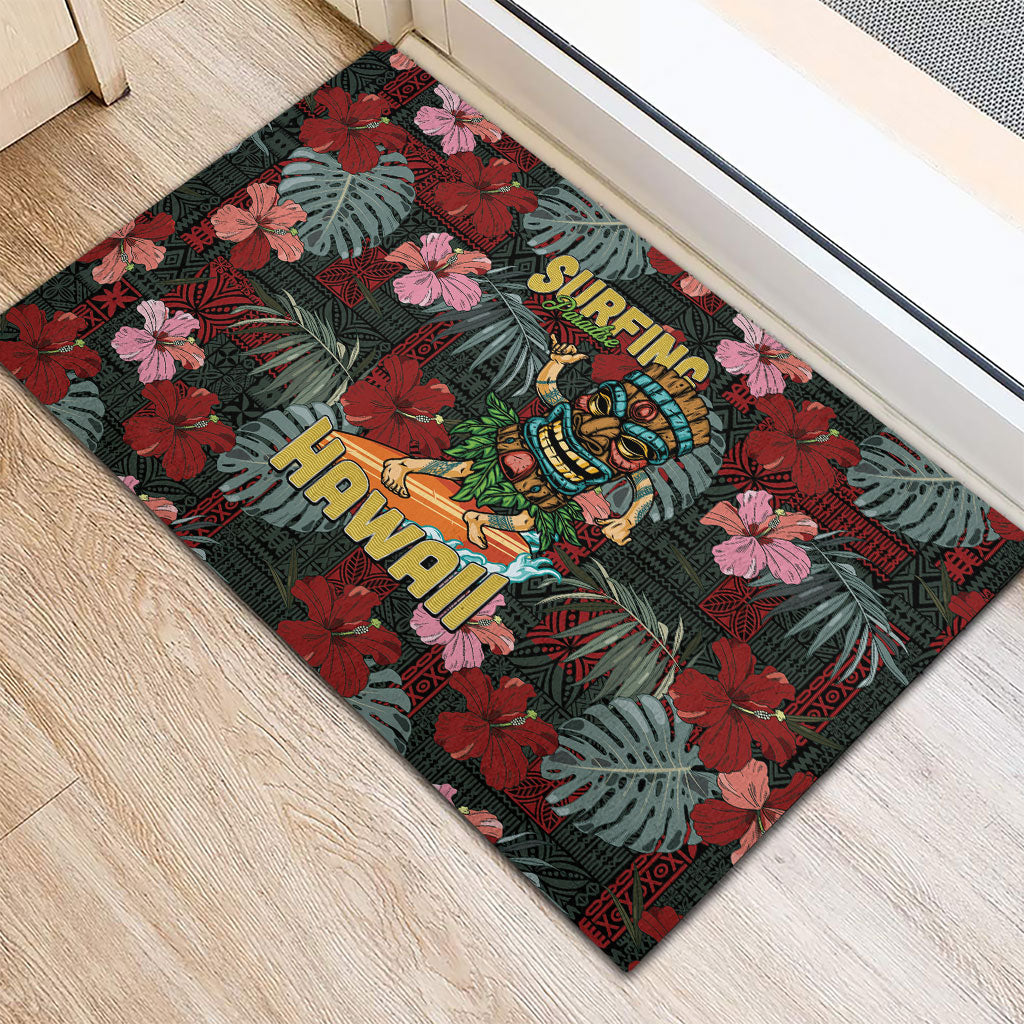 Hawaii Tiki Surfing Rubber Doormat Mele Kalikimaka i Iulai!