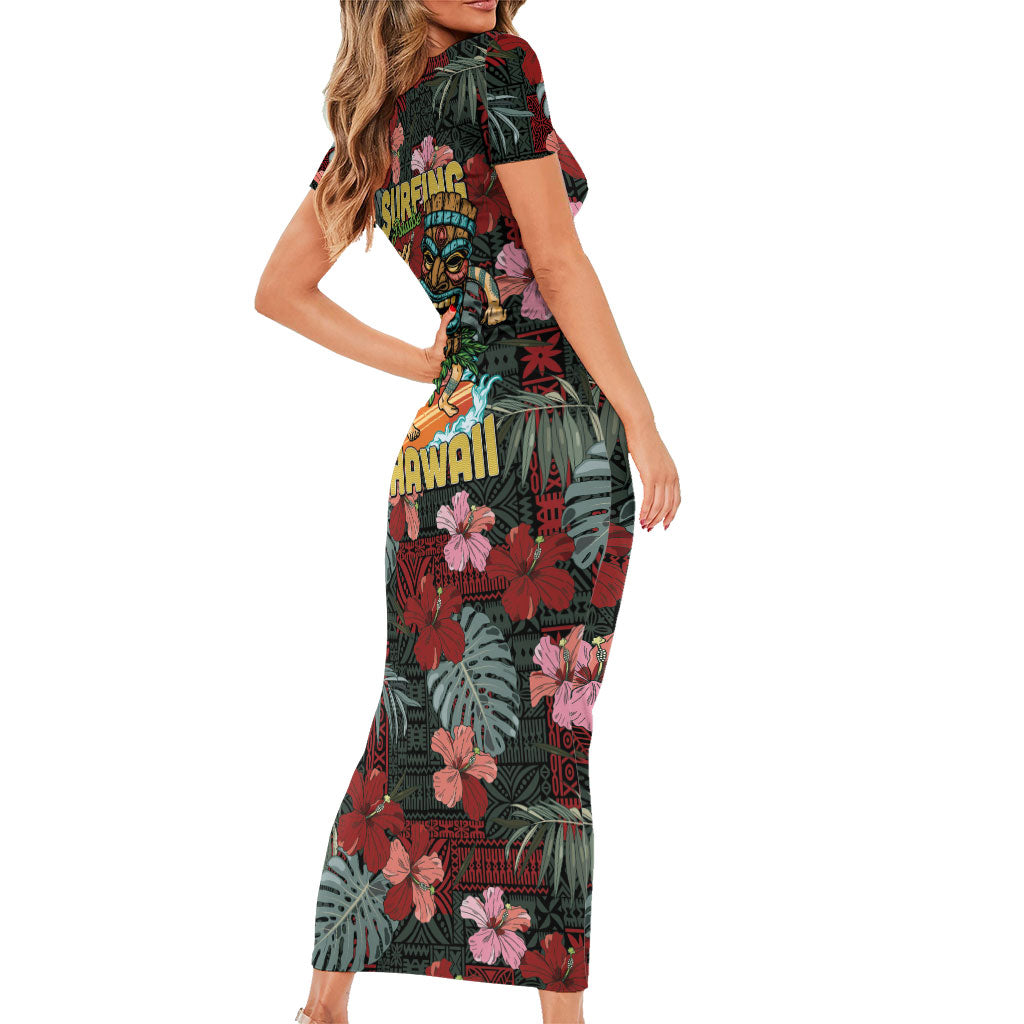 Hawaii Tiki Surfing Short Sleeve Bodycon Dress Mele Kalikimaka i Iulai!