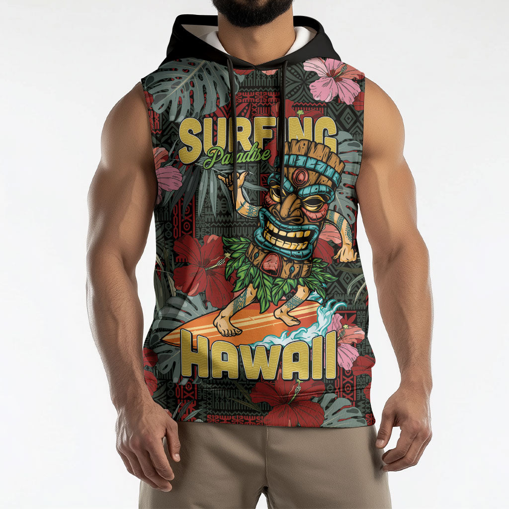 Hawaii Tiki Surfing Sleeveless Hoodie Mele Kalikimaka i Iulai!