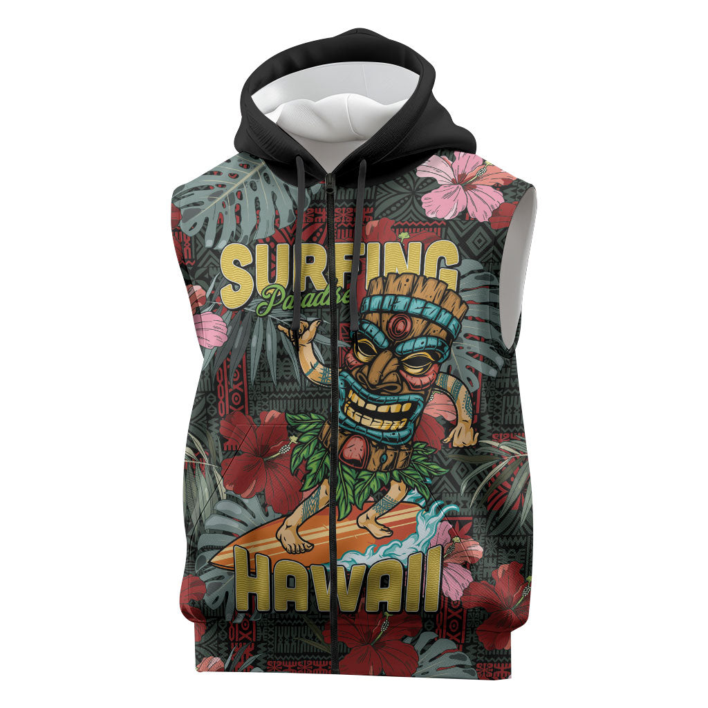 Hawaii Tiki Surfing Sleeveless Zip Hoodie Mele Kalikimaka i Iulai! LT9 Black - Polynesian Pride