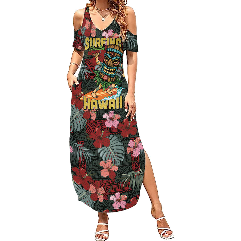 Hawaii Tiki Surfing Summer Maxi Dress Mele Kalikimaka i Iulai! LT9 Women Black - Polynesian Pride