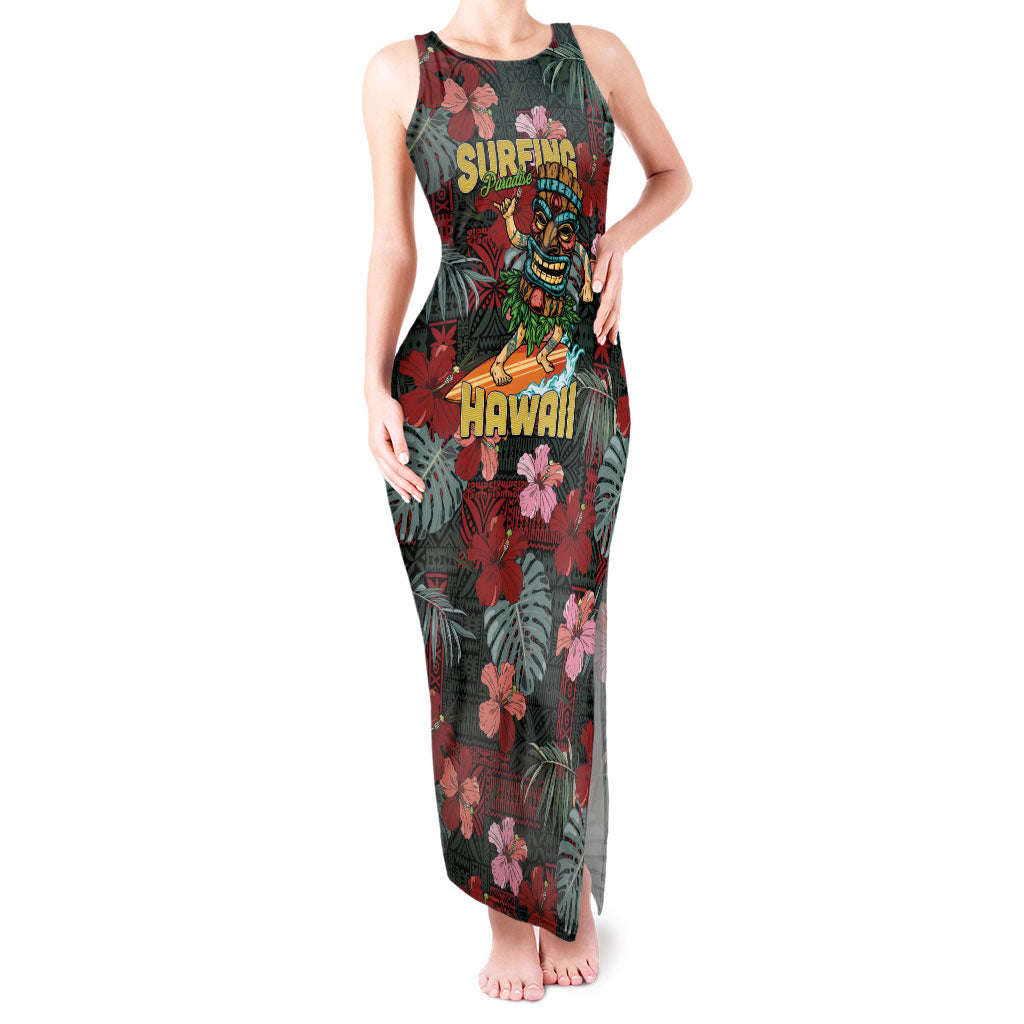 Hawaii Tiki Surfing Tank Maxi Dress Mele Kalikimaka i Iulai! LT9 Women Black - Polynesian Pride