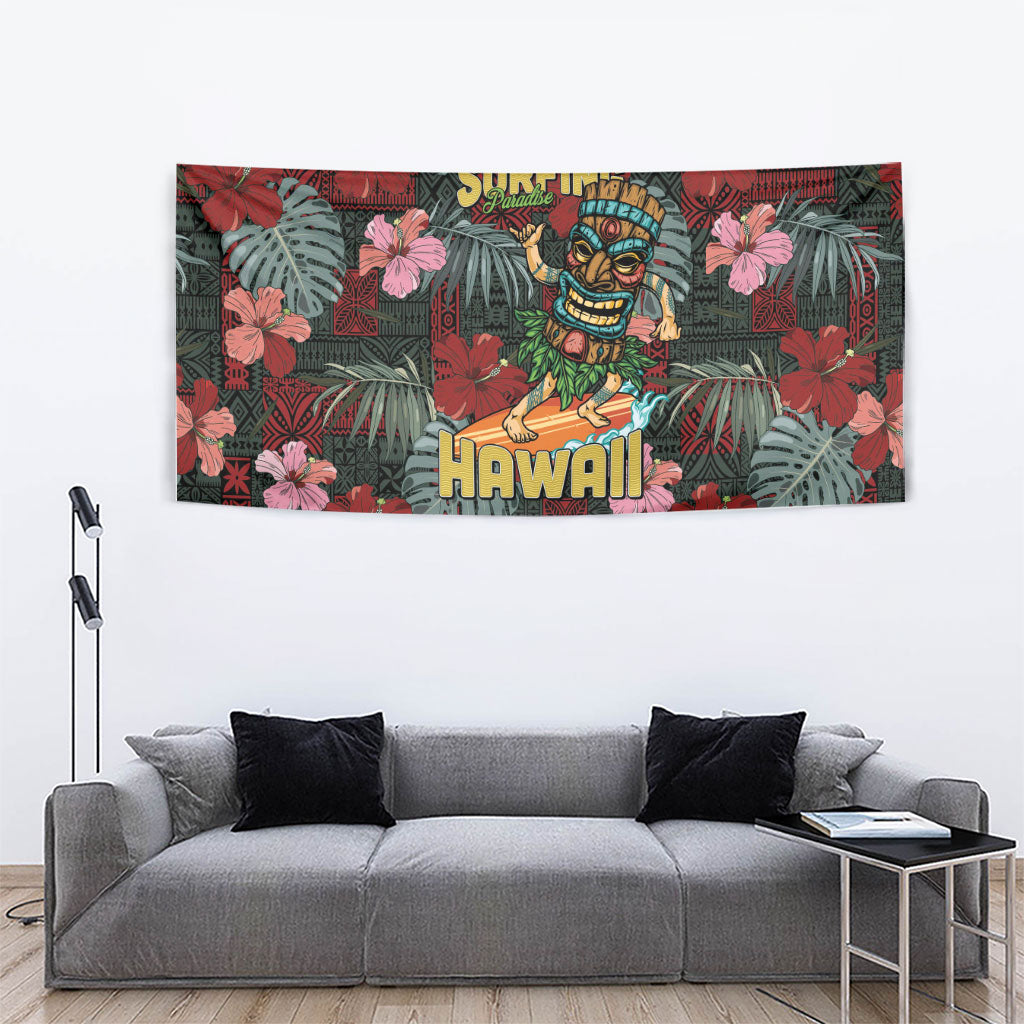 Hawaii Tiki Surfing Tapestry Mele Kalikimaka i Iulai!