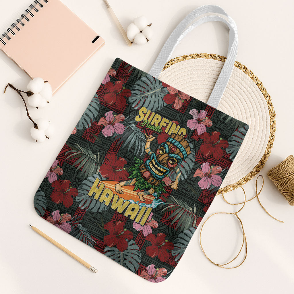 Hawaii Tiki Surfing Tote Bag Mele Kalikimaka i Iulai! LT9 White Strap One Size Black - Polynesian Pride