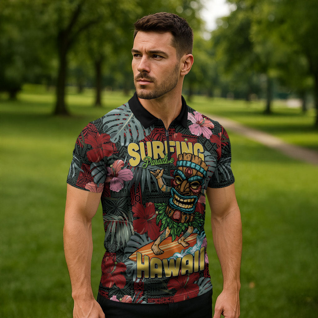 Hawaii Tiki Surfing Zipper Polo Shirt Mele Kalikimaka i Iulai!