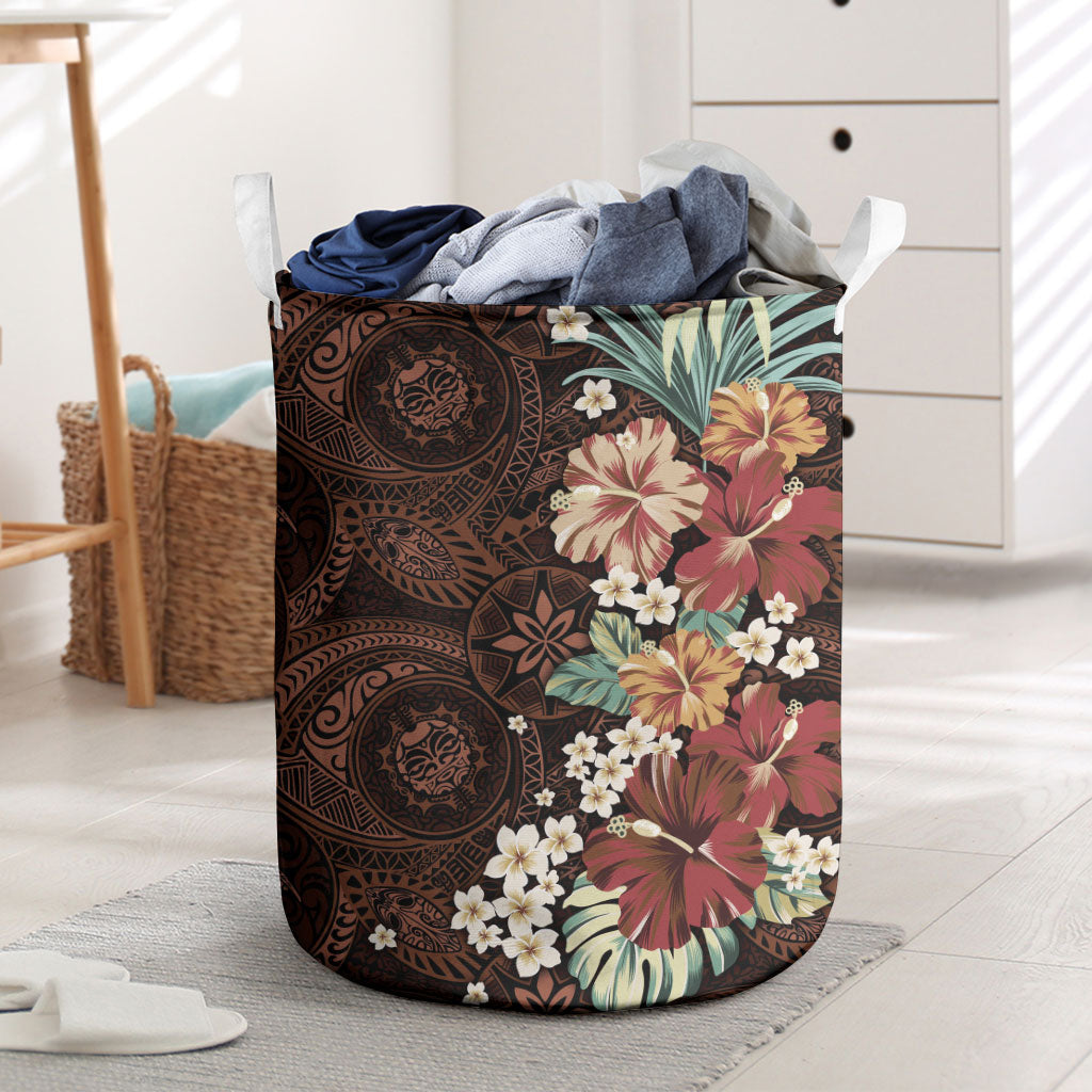 Kanoa Hawai'i Hibiscus Laundry Basket Polynesian Tribal Tattoo Pattern Floral Elements LT9 Brown - Polynesian Pride