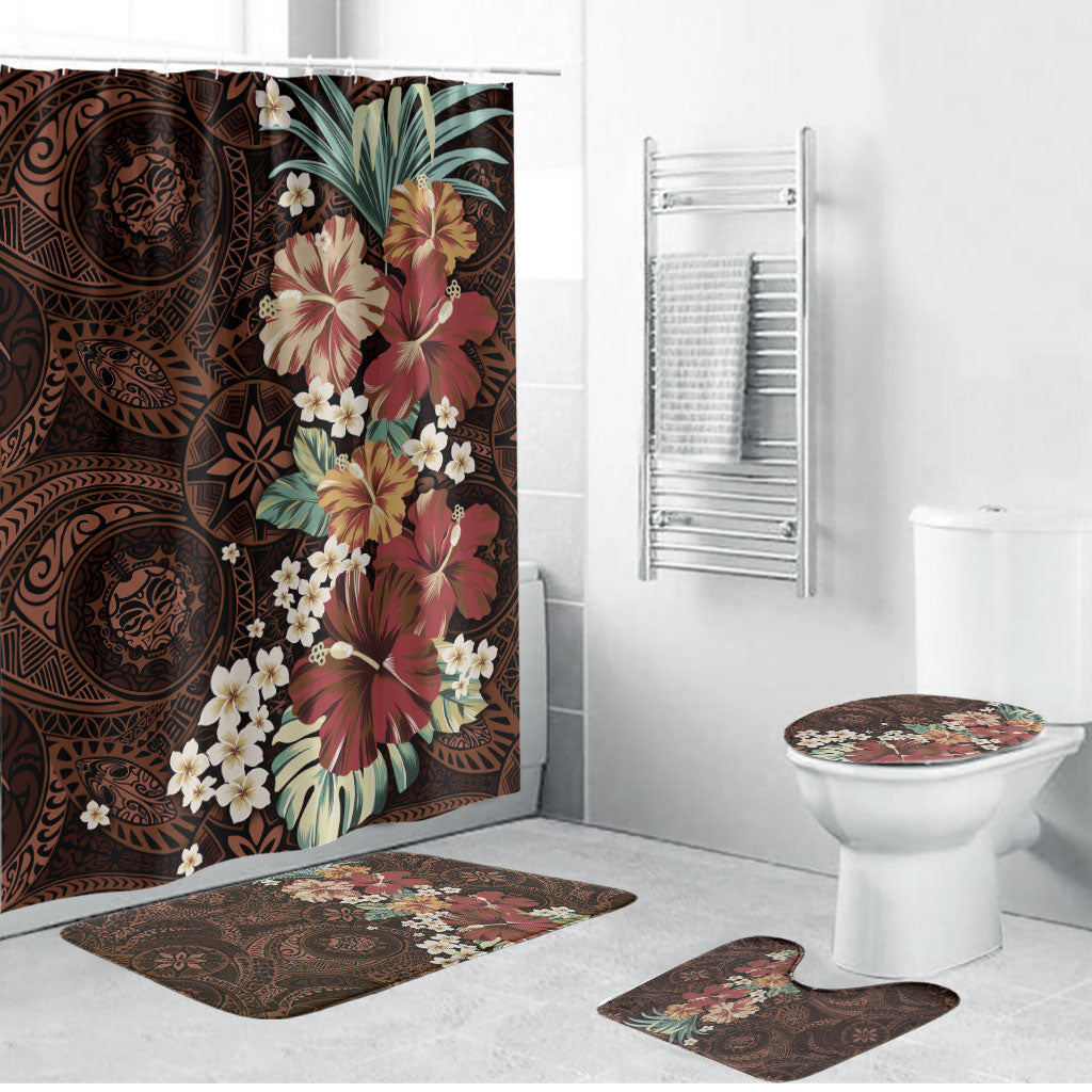 Kanoa Hawai'i Hibiscus Bathroom Set Polynesian Tribal Tattoo Pattern Floral Elements LT9 Bathroom Set (4 pcs) Brown - Polynesian Pride