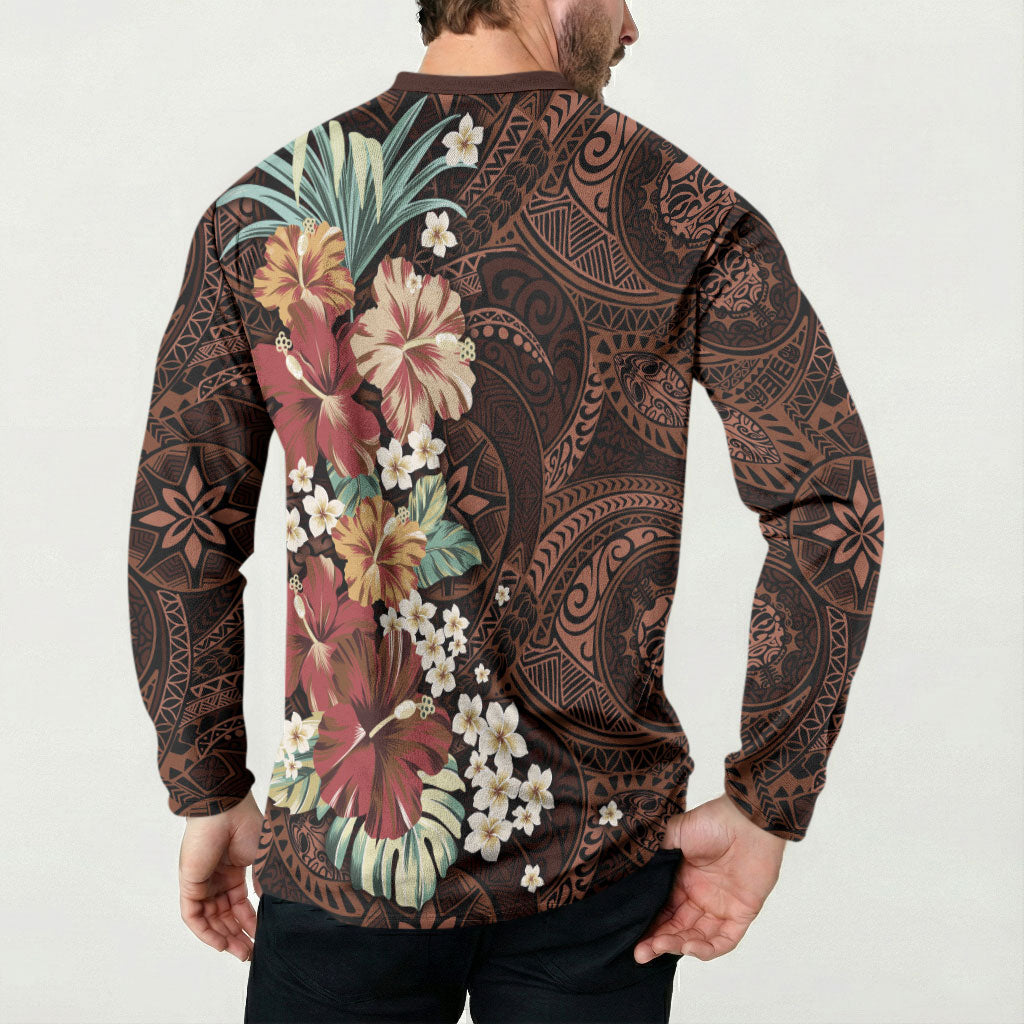 Kanoa Hawai'i Hibiscus Button Sweatshirt Polynesian Tribal Tattoo Pattern Floral Elements