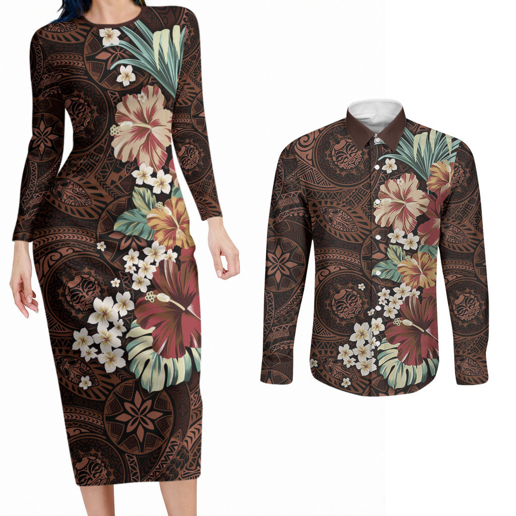 Kanoa Hawai'i Hibiscus Couples Matching Long Sleeve Bodycon Dress and Long Sleeve Button Shirt Polynesian Tribal Tattoo Pattern Floral Elements