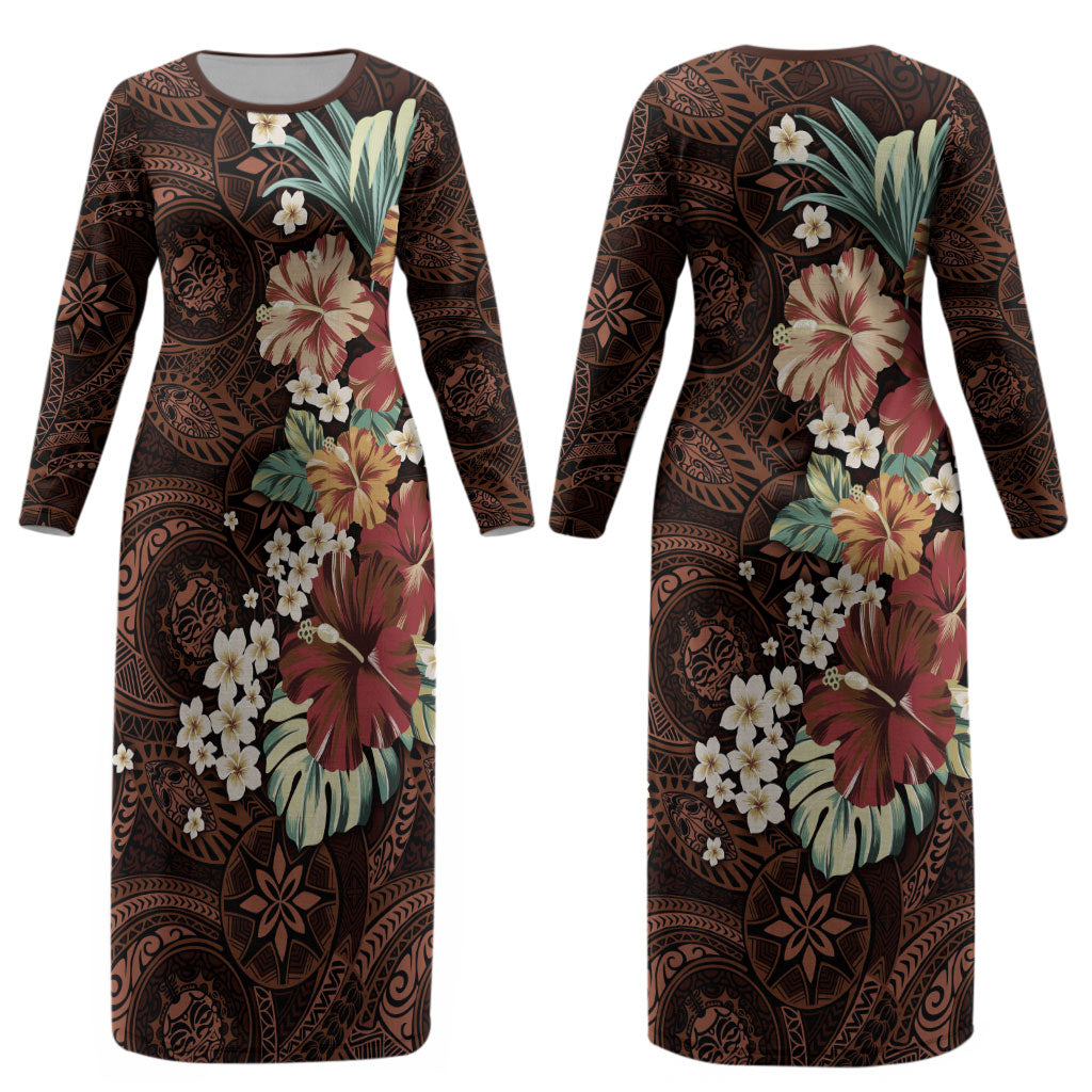 Kanoa Hawai'i Hibiscus Couples Matching Long Sleeve Bodycon Dress and Long Sleeve Button Shirt Polynesian Tribal Tattoo Pattern Floral Elements
