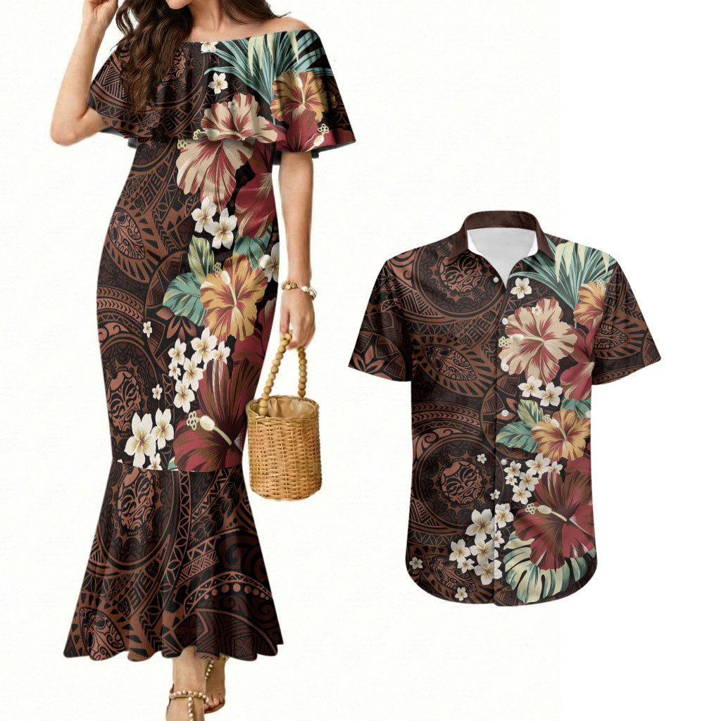 Kanoa Hawai'i Hibiscus Couples Matching Mermaid Dress and Hawaiian Shirt Polynesian Tribal Tattoo Pattern Floral Elements LT9 Brown - Polynesian Pride