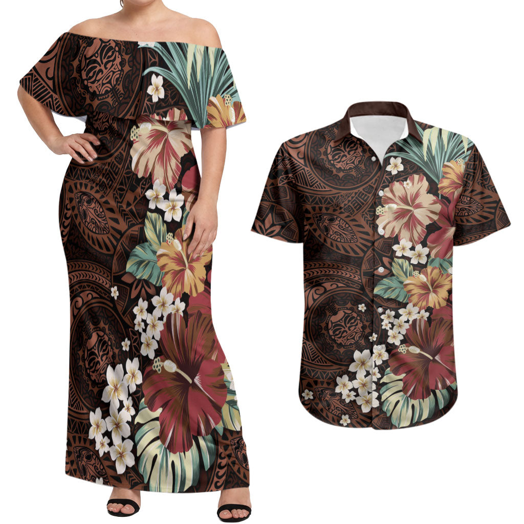 Kanoa Hawai'i Hibiscus Couples Matching Off Shoulder Maxi Dress and Hawaiian Shirt Polynesian Tribal Tattoo Pattern Floral Elements