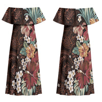Kanoa Hawai'i Hibiscus Couples Matching Off Shoulder Maxi Dress and Long Sleeve Button Shirt Polynesian Tribal Tattoo Pattern Floral Elements LT9 - Polynesian Pride