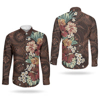 Kanoa Hawai'i Hibiscus Couples Matching Off The Shoulder Long Sleeve Dress and Long Sleeve Button Shirt Polynesian Tribal Tattoo Pattern Floral Elements LT9 - Polynesian Pride