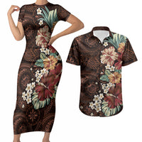 Kanoa Hawai'i Hibiscus Couples Matching Short Sleeve Bodycon Dress and Hawaiian Shirt Polynesian Tribal Tattoo Pattern Floral Elements LT9 Brown - Polynesian Pride