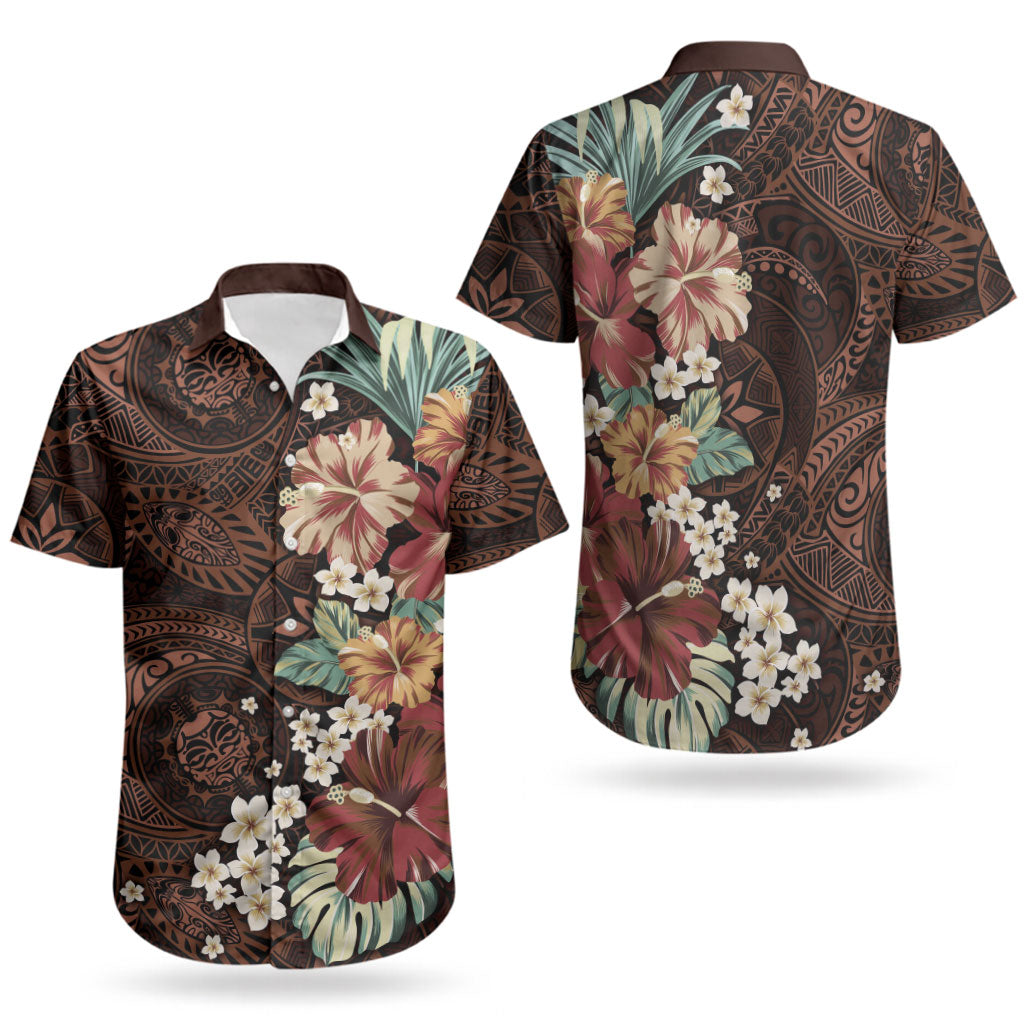 Kanoa Hawai'i Hibiscus Couples Matching Short Sleeve Bodycon Dress and Hawaiian Shirt Polynesian Tribal Tattoo Pattern Floral Elements LT9 - Polynesian Pride
