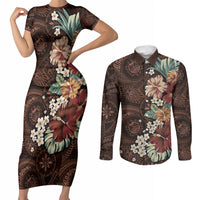 Kanoa Hawai'i Hibiscus Couples Matching Short Sleeve Bodycon Dress and Long Sleeve Button Shirt Polynesian Tribal Tattoo Pattern Floral Elements LT9 Brown - Polynesian Pride