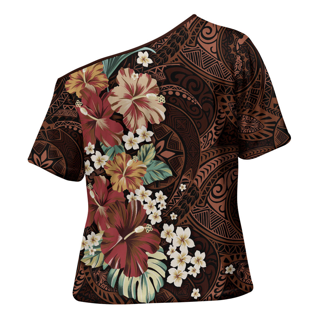 Kanoa Hawai'i Hibiscus Cross Shoulder Shirt Polynesian Tribal Tattoo Pattern Floral Elements