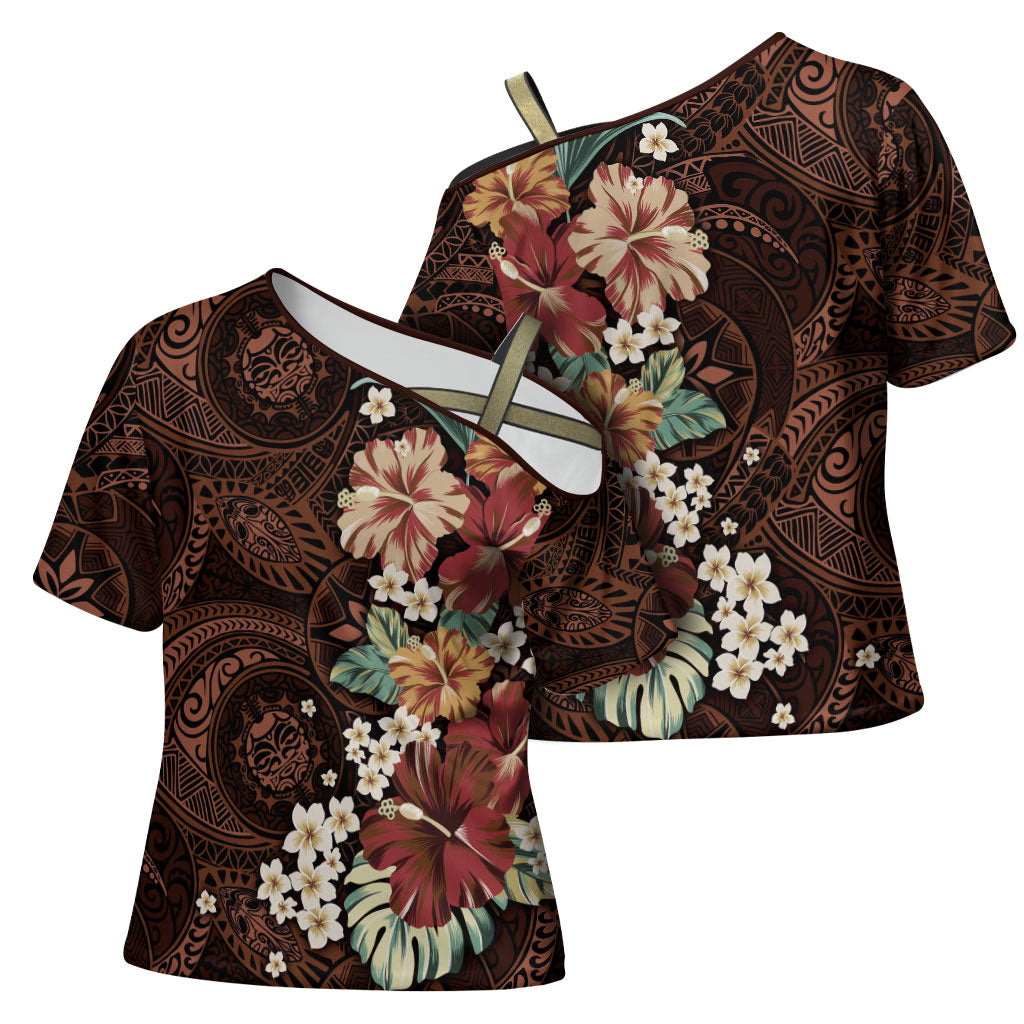 Kanoa Hawai'i Hibiscus Cross Shoulder Shirt Polynesian Tribal Tattoo Pattern Floral Elements