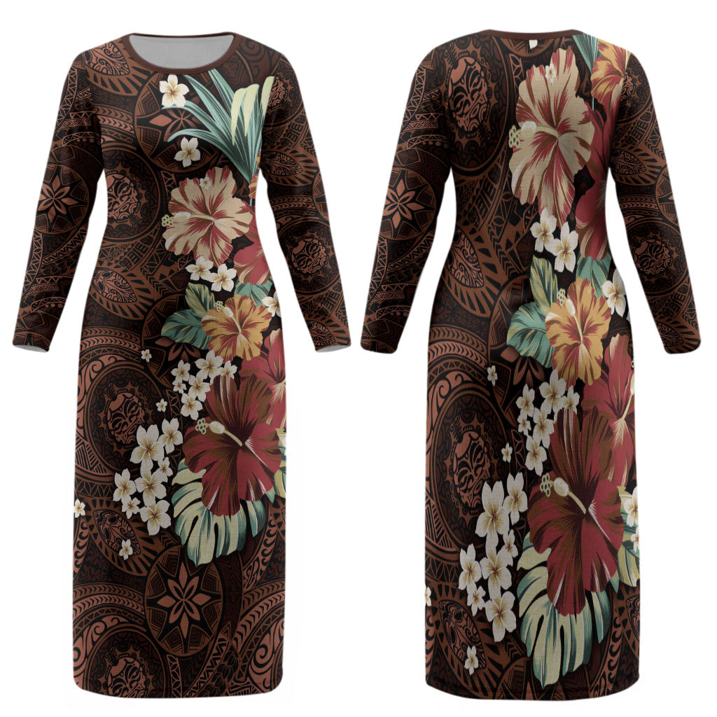 Kanoa Hawai'i Hibiscus Family Matching Long Sleeve Bodycon Dress and Hawaiian Shirt Polynesian Tribal Tattoo Pattern Floral Elements LT9 Mom's Dress Brown - Polynesian Pride