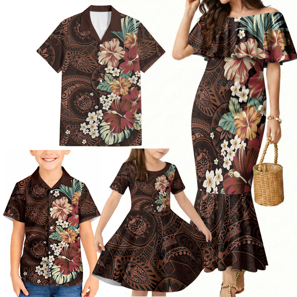 Kanoa Hawai'i Hibiscus Family Matching Mermaid Dress and Hawaiian Shirt Polynesian Tribal Tattoo Pattern Floral Elements