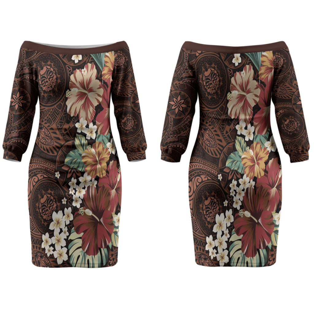 Kanoa Hawai'i Hibiscus Family Matching Off The Shoulder Long Sleeve Dress and Hawaiian Shirt Polynesian Tribal Tattoo Pattern Floral Elements LT9 Mom's Dress Brown - Polynesian Pride