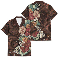 Kanoa Hawai'i Hibiscus Family Matching Off The Shoulder Long Sleeve Dress and Hawaiian Shirt Polynesian Tribal Tattoo Pattern Floral Elements LT9 Dad's Shirt - Short Sleeve Brown - Polynesian Pride