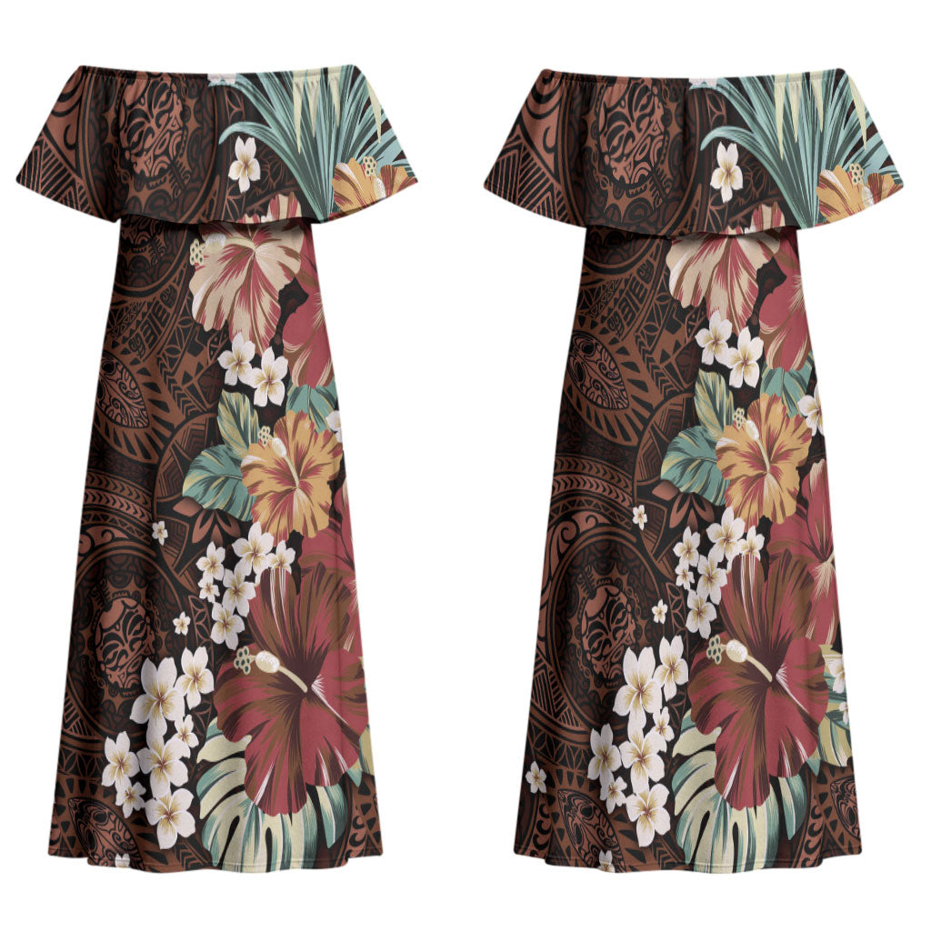 Kanoa Hawai'i Hibiscus Family Matching Off Shoulder Maxi Dress and Hawaiian Shirt Polynesian Tribal Tattoo Pattern Floral Elements LT9 Mom's Dress Brown - Polynesian Pride